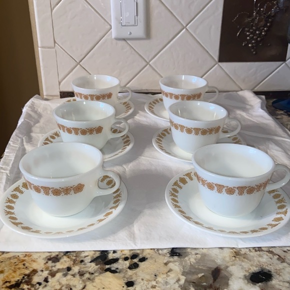 Vintage CORELLE Golden Butterfly Cups & Saucers~set of 6 cups and 6 saucers